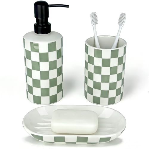 Bathroom Toothbrush Holder Set, Ceramic Soap Dispenser and Tooth Brush Holder and Soap Dish Set, Bathroom Accessories Sets Countertop, Sage Green Checkered Bathroom Decor Set - color: Sage Green