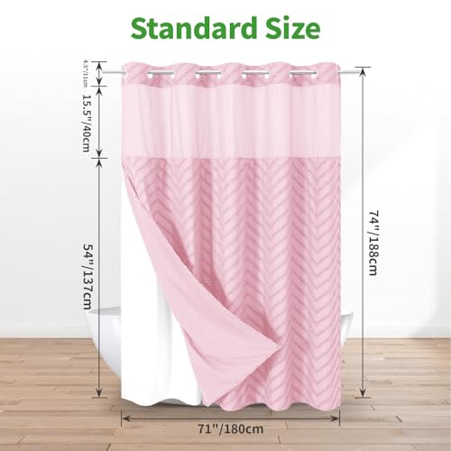eachope No Hook Boho Farmhouse Shower Curtain with Snap-in Fabric Liner set-71Wx74H(72H),Pink Tufted Chevron Striped Hotel Grade Cloth Shower Curtains for Bathroom with Window,Water Repellent - color: Pink, size: 71"W x 74"L (Pack of 1)