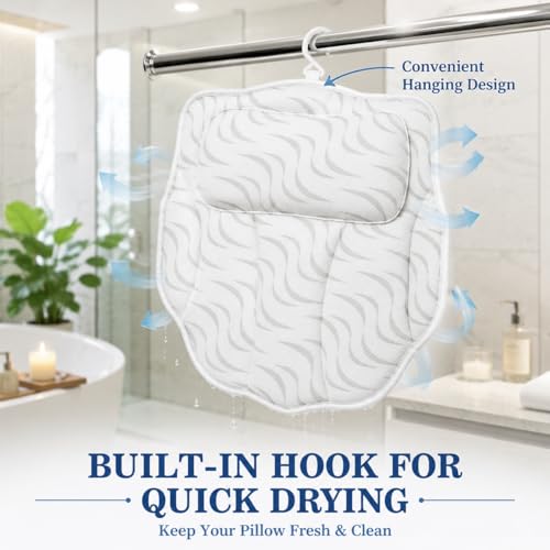 Wavy 4D Air Mesh Bath Pillow for Tub Neck and Back Support | Includes 6 anti-slip suction cups and a built-in hook for quick drying. Excellent ergonomic spa accessories gift for adults.