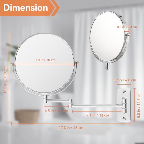 8 inch Wall Mounted Makeup Mirror, 1X/10X Magnifying Double-Sided Wall Mount Shaving Mirror (Close-Up 10X) with Extendable Arm, 360° Swivel for Bathroom Vanity, Chrome (No Light) - color: Chrome