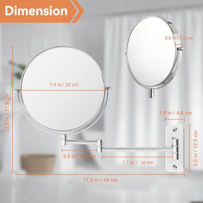 8 inch Wall Mounted Makeup Mirror, 1X/10X Magnifying Double-Sided Wall Mount Shaving Mirror (Close-Up 10X) with Extendable Arm, 360° Swivel for Bathroom Vanity, Chrome (No Light) - color: Chrome