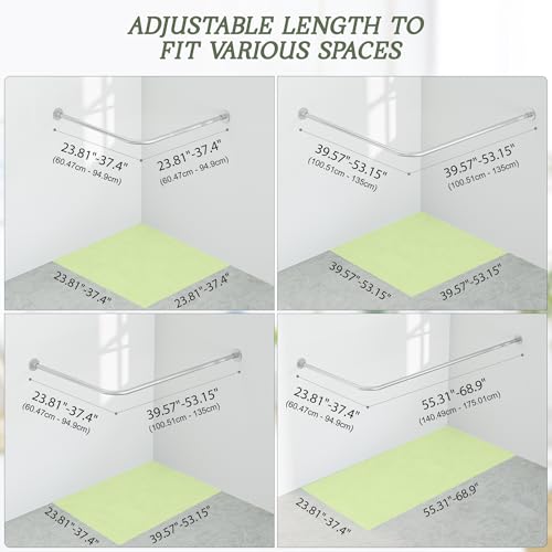 L Shaped Shower Curtain Rod, Adjustable 23.81"-53.15"x23.81"-53.15" Silver | Corner Shower Curtain Rod, 90 Degree, 12 Curtain Rings, for Bathroom Bathtub Clothing Store & Ceiling Support, Need to Drill