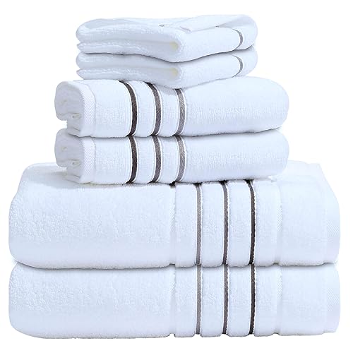 Bath Towels Set for Bathroom – Luxury 6-Piece Cotton Towels, Soft Absorbent & Quick Dry, 600 GSM Bath Towels for Bathroom, Hotel Spa Quality (White/Charcoal, 6- Bath Towel Set) - color: White/Charcoal