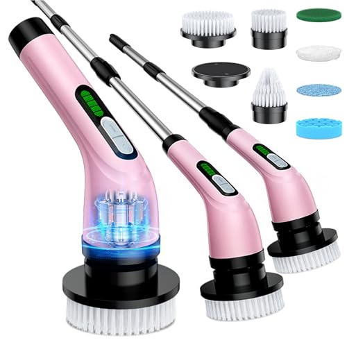 Highyes Electric Spin Scrubber for Bathroom, Upgrated Powerful IPX7 Waterproof Shower Scrubber with Extendable Long Handle A10D (Pink) | IPX7 Waterproof Shower Scrubber with Extendable Long Handle，Bathroom Cleaning Scrubber with 7 Reusable Brush Heads - c