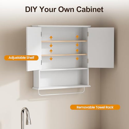 RoyalCraft Bathroom Wall Cabinet with Mirror, Over the Toilet Storage Cabinet with Towel Rack and Adjustable Shelf, Large Bathroom Medicine Cabinet Wall Mount 22x25 inch (White) - color: White