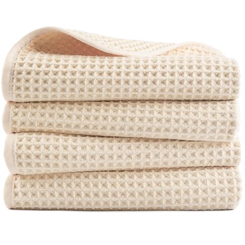 POLYTE 430 GSM Poly Blend Microfiber Quick Dry Waffle Hand Towel, 16x30 in | 4 Pack, Oversize, Lint Free, Quick Dry, Hanging Loop - color: Light Beige