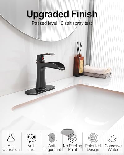 Brass Waterfall Faucet, Oil Rubbed Bronze Bathroom Faucet, 4 Inch Bathroom Sink Faucet 1 Hole or 3 Holes, 1 Handle Bathroom Faucets with Pop Up Drain Deck Plate Supply Hose for Antique Farmhouse - color: Oil Rubbed Bronze - Antique