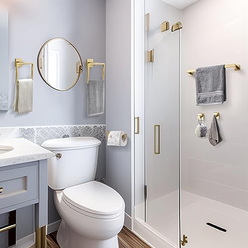 TQKAG 6-Piece Bathroom Towel Bar Sets Brushed Gold 23.6 inch Towel Bar Stainless Steel Towel Ring Coat Hook and Toilet Paper Holder Bathroom Hardware Set Wall Mounted Bathroom Accessories Kit | Stainless Steel, Wall Mounted Brushed Gold Bathroom Accessori