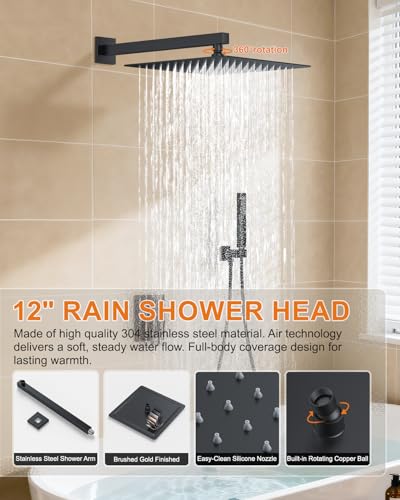Shower System with Tub Spout, Wall Mounted Bathtub Shower Faucet Set, 12" Rainfall Shower Head and Handheld Shower Combo, High Pressure Shower Fixtures Set with Rough-in Valve, Matte Black - color: Matte Black, style: 12" Wall Mounted Shower System with T