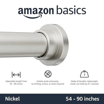 Amazon Basics No Drill Adjustable Indoor Outdoor Tension Curtain Rod, 54-90" Length, Nickel
