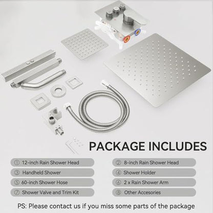 Shower Faucet Set Shower System Brushed Nickel, Push Button Diverter | 12 Inch Ceiling Mount Shower Head, 6 Inch Wall Mount Head, 2-in-1 Handheld Sprayer, Solid Brass Valve, Can Run All Together - color: Brushed Nickel, size: 8+12 inch-10