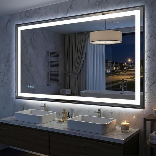 Antok 60X36 LED Bathroom Mirror with Lights, Vanity Mirror for Wall with Black Frame, Touch Control, Anti-Fog, Dimmable Lights, Shatter-Proof, Memory Function, Wall-Mounted Vanity Mirrors - size: 60"L x 36"W