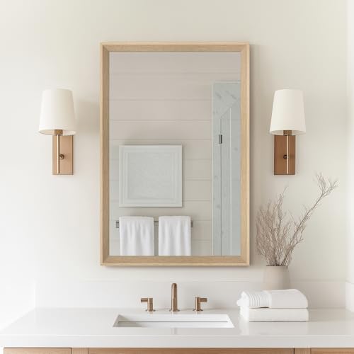 Oak Wood Effect Framed Wall Mirror, 20x30 Rectangle Mirror | Anti-desilvering Tempered Glass, Sustainable& Sturdy Frame, Farmhouse Mirror, Anti-Rust, 3min Setup for Bathroom Living Room - color: Oak Wood, size: 30"L x 20"W