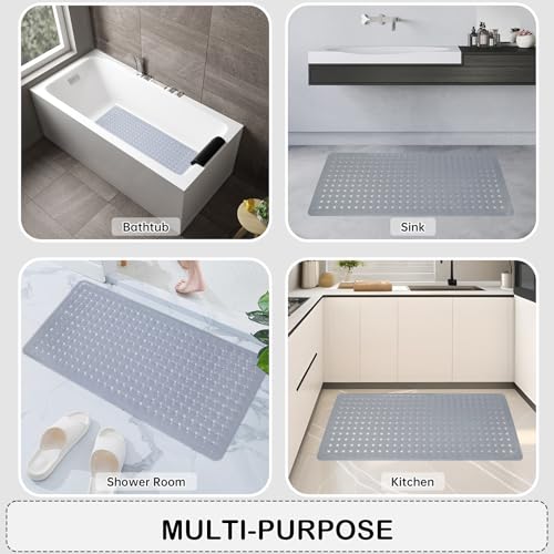 Non-Slip Bathtub and Shower Mats, Power Grip Bath Mat 35 x 16.3 Inch with Suction Cups and Drain Holes for Tub Bathroom Floor Safety, Machine Washable Soft Bathmat, Gray - color: Gray