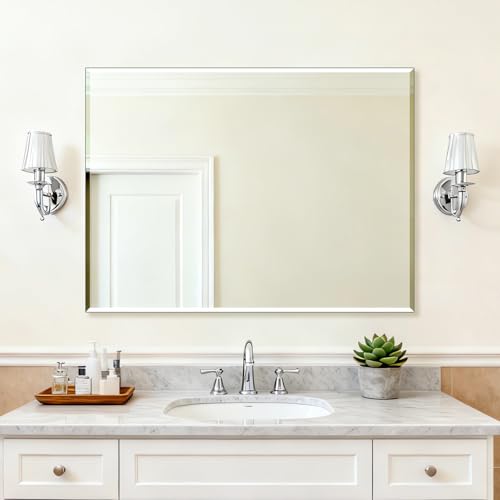 Ruomeng Frameless Mirror for Wall, 48x36 Inch Bathroom Vanity Mirror Farmhouse, Large Rectangle Mirror with Beveled Edge, Tempered Glass, Hangs Horizontally or Vertically - size: 48"L x 36"W
