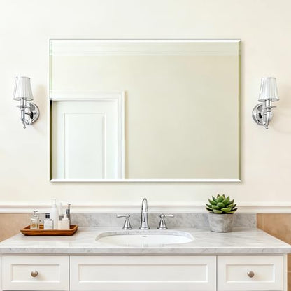 Ruomeng Frameless Mirror for Wall, 48x36 Inch Bathroom Vanity Mirror Farmhouse, Large Rectangle Mirror with Beveled Edge, Tempered Glass, Hangs Horizontally or Vertically - size: 48"L x 36"W