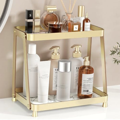2-Tier Acrylic Bathroom Vanity Organizer, Gold | Bathroom Counter Storage Shelf with Marble-Look Tray, Holds Cosmetics, Perfume, Makeup & Skincare Products - color: Gold