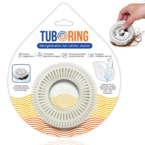 TubRing Pop-Up Drain Protector & Strainer Silicone Hair Catcher, White | Easy snap-in design fits around bathtub stoppers. Customizable utility guard for clog prevention. Fits 1.85"- 2.16" drains. - color: White
