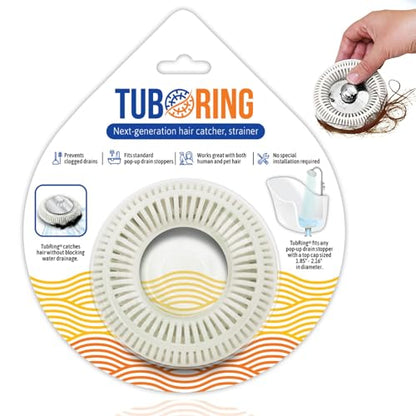TubRing Pop-Up Drain Protector & Strainer Silicone Hair Catcher, White | Easy snap-in design fits around bathtub stoppers. Customizable utility guard for clog prevention. Fits 1.85"- 2.16" drains. - color: White