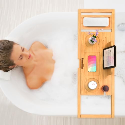 Banlilu Bathtub Tray - Bath Tray Expandable - Bath Tub Tray Table for Bathtub, Ajustable Size, Fits Most Tubs - color: Natural Bamboo Wood