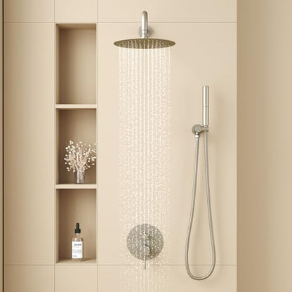 BESy Shower System with 10 Inch Round Rain Shower Head and Handheld Wall Mounted, High Pressure Rainfall Shower Faucet Fixture Combo Set with 2 in 1 Handheld Showerhead for Bathroom, Nickel - color: Nickel