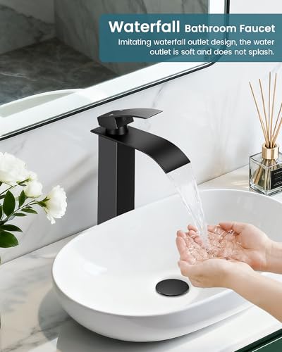 Black Waterfall Bathroom Faucet Single Handle Vessel Sink Faucet | Certified NSF cUPC DOE CEC SUS304 steel.waterfall spout,Bathroom Sink Fauce 1 hole,Pop-up Drain,Fits vanity,Bar sink - color: A-Matte Black, style: Tall