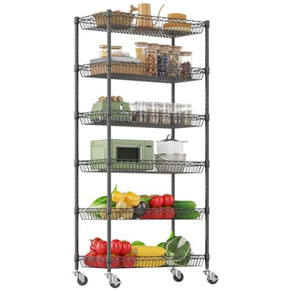 Himimi 6 Tier Rolling Storage Cart, Metal Wire Basket Rack with Wheels, Adjustable Storage Shelves Organizer Shelf for Kitchen Pantry Garage Laundry Room Bathroom, 30" W X 13.5" D X 63" H, Black - size: 30"W X 13.5"D X 63"H