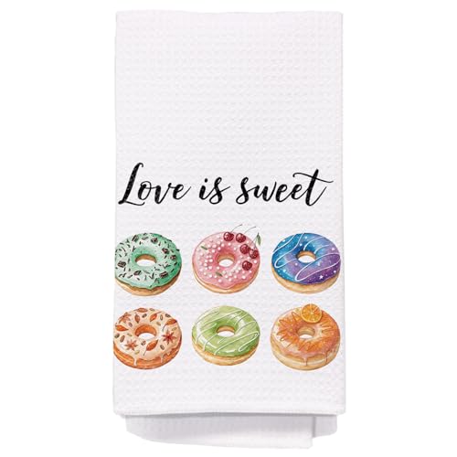Donut Decorations Towels, Love is Sweet Dish Tea Towels for Kitchen, Valentine's Day Gifts for Her Girlfriend Wife，Baking Gifts,Donut Party Decorations, 16x24 Inch - color: Doughnut