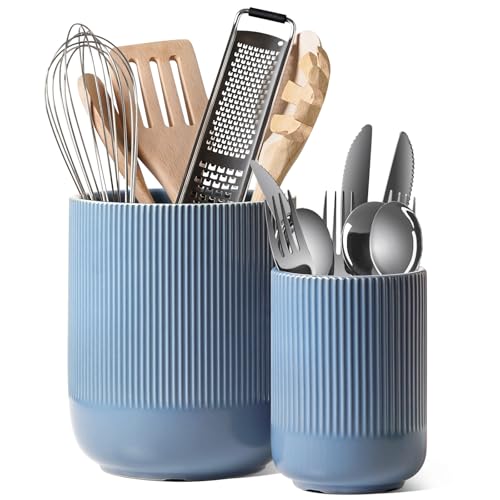 LE TAUCI Utensil Holder for Kitchen Counter, 7.3"+5.4" Fluted Ceramic Utensil Crock Organizer for Countertop, Heavy Large Holder for Spatulas, Spoons, Set of 2, Dusty Blue - color: Dusty Blue