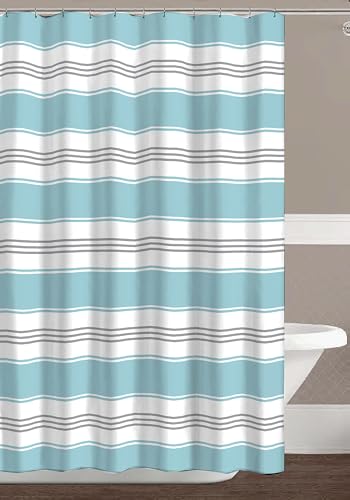 Nautical Striped Fabric Shower Curtain, Coastal Wide Stripe Design, Aqua Grey White, 70" x 72", with Hooks - color: Hampton Blue