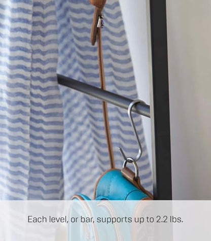 Yamazaki Home Tower Leaning Ladder Rack, Space Saving - Ladder, 63" - Steel | Leaning ladder hanger for bedroom, closet, living room, bathroom storage. Non-slip rubber caps protect floors and walls. - color: Black