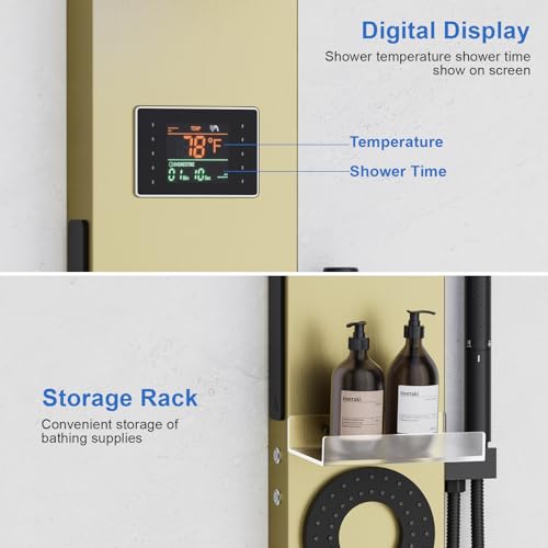 RUMOSE Brushed Gold Shower Panel Tower System, 5-Mode Shower Faucet Set | LED Light Rainfall Shower Head Digital Display with Massage Jets Tub Spout Shower Shelves, Stainless Steel, Wall Mount - color: Brushed Gold