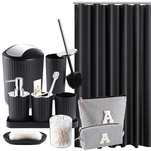 Bathroom Accessories Set with Shower Curtain Makeup Bags 12pcs | with 2 Makeup Bags, Trash Can, Toilet Brush Set, Soap Dispenser Toothbrush Holder Set, Tray, Q-tip Holder - size: Bath Set Makeup Bag