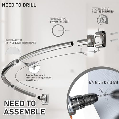 Curved Shower Curtain Rod, Need to Drill, 35-76 inches Adjustable Curved Shower Rod Rustproof Shower Rod Round Shower Curtain Rod for Bathroom, Bathtub, Stall, Stainless Steel, Chrome - color: chrome