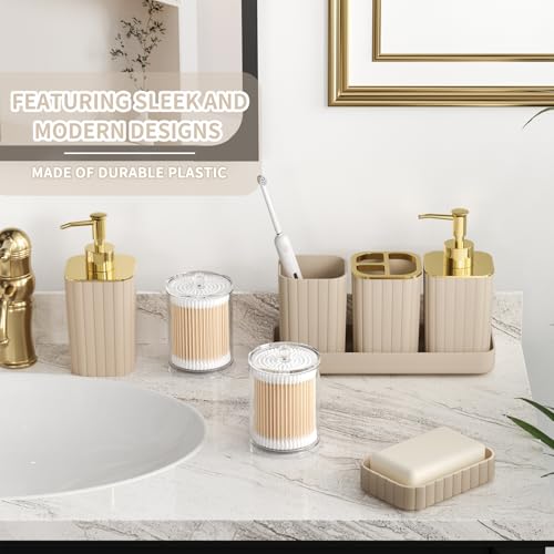 XLHOMO Bathroom Accessory Set - 26PC Bathroom Shower Curtain and Rug Set, Bathroom Accessories Set, Beige Bathroom Set with Trash Can, Toilet Brush, Qtip Holder & Soap Dispenser - style: Beige