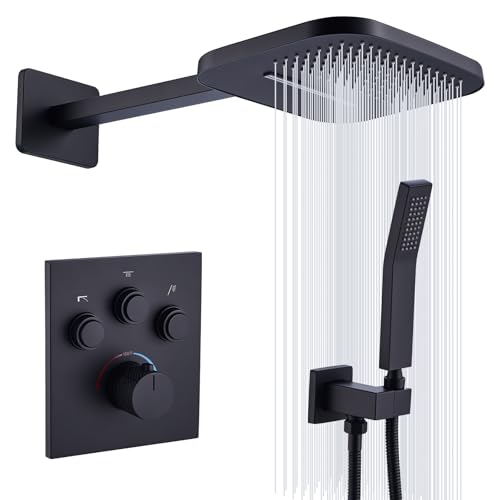 TRUSTMI 10" Shower System with Thermostatic Valve, Rainfall, Matte Black | Solid brass system with push-button diverter for waterfall and handheld spray. Anti-scald safety lock protects the family - color: Matte Black