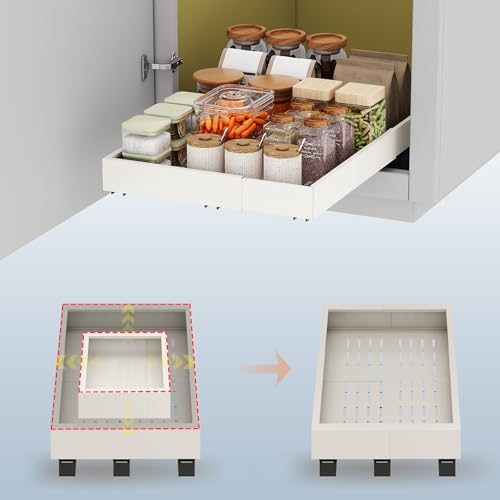 Fokyfok Pull out Cabinet Organizer,11"-16"W,17"-24"D,Expandable,Adhesive | No Drill,3 Rails,Roll out Drawers,Adjustable Slide out Shelves for Kitchen,Pantry,Framed and Framless Cabinets,White,1PC - color: White, size: (11"W-16"W)X(17"D-24"D)