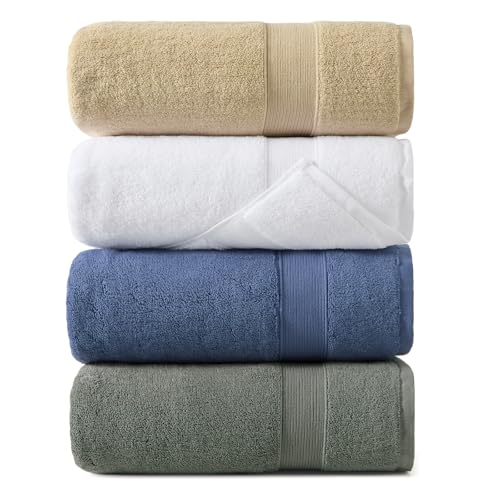 REDKISS 100% Luxury Cotton Bath Towels 4-Pack, Ultra-Thick, Plush, Soft & Highly Absorbent for Bathroom, Hotel, Spa and Home - 27" x 55" - color: Beige+gray+blue+brown