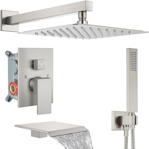 Midanya Shower System with Tub Spout,Bathtub Shower Faucet Set with Square Rainfall Head and Handheld Sprayer Wall Mount Tub Faucet Set with Valve and Trim Kit,12 Inch Brushed Nickel - color: Brushed Nickel, size: 12 Inch