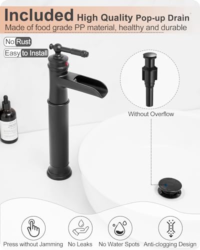 Tall Bathroom Faucet Waterfall, Brass Bathroom Faucets Black Vessel Sink Faucet, Single Handle Bathroom Sink Faucet 1 Hole with Pop-Up Drain & Supply Water Hoses for Hotels Classic No Noise - color: Matte Black - Modern