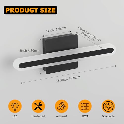 Modern LED Bathroom Vanity Light Fixtures, 5CCT Dimmable Bathroom Light Bar | Hardwired Vanity Light, 15.7-Inch 16W Black Makeup Mirror Lights - color: Black-Dimmable, size: 15.7inch-5CCT