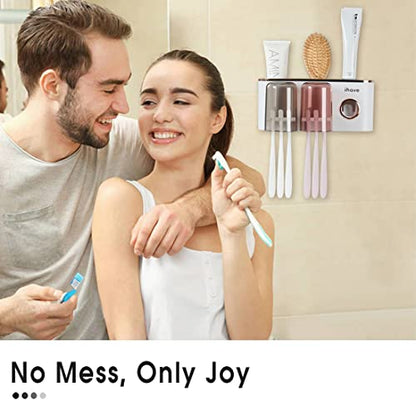iHave Toothbrush Holders for Bathrooms Wall Mounted with Dispenser & 2 Cups | 6 Slots Wall Mount Toothbrush Holders for Bathrooms with Squeeze Toothpaste Dispenser, 2 Cups & 2 Compartments Organizer - color: White 2 Cups