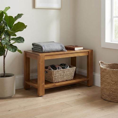 Teak Shower Bench with Shelf, 30” Wide, Shower Stool, Fully Assembled Bathroom Shower Seat, Water-Resistant Spa Bath Bench for Shower, Bathroom & Entryway, The Botein