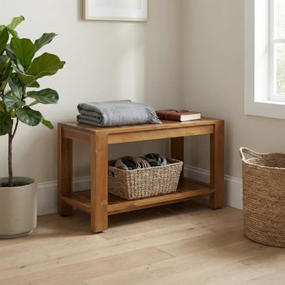 Teak Shower Bench with Shelf, 30” Wide, Shower Stool, Fully Assembled Bathroom Shower Seat, Water-Resistant Spa Bath Bench for Shower, Bathroom & Entryway, The Botein
