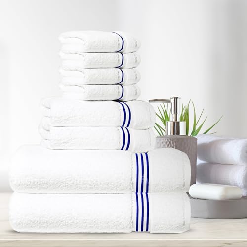8-Piece Premium Towel Set, 2 Bath Towels, 2 Hand Towels, and 4 Wash Cloths, 100% Ring Spun Cotton Highly Absorbent Towels for Bathroom, Gym, Hotel, and Spa - color: Blue