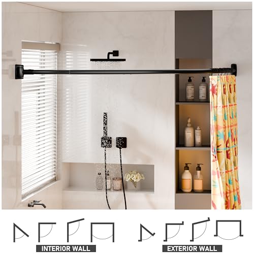 Curved Shower Curtain Rod, Need to Drill, 35-76 inches Adjustable Curved Shower Rod Rustproof Shower Rod Round Shower Curtain Rod for Bathroom, Bathtub, Stall, Stainless Steel, Black - color: black