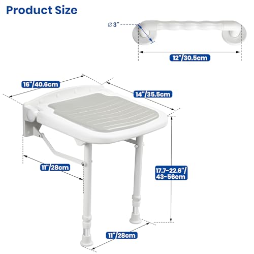 Wall Mounted Shower Seats with Bathroom Grab Bar(FSÄ/HSÄ), Support 550lbs, Adjustable Height Fold Down Shower Seat Wall Mounted Folding Shower Bench for Elderly-Adults-Pregnants-Seniors-Disabled - size: FSA/HSA Eligible-Shower Seat+Grab Bar