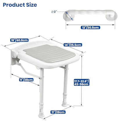 Wall Mounted Shower Seats with Bathroom Grab Bar(FSÄ/HSÄ), Support 550lbs, Adjustable Height Fold Down Shower Seat Wall Mounted Folding Shower Bench for Elderly-Adults-Pregnants-Seniors-Disabled - size: FSA/HSA Eligible-Shower Seat+Grab Bar