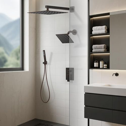 Rain Shower System 12" & 6" Dual Shower Heads, Wall Mount Shower Faucet Set | Ideal for bathroom remodels and upgrades with 12" rain shower, 6" angled shower, handheld spray and complete valve kit. - color: Oil Rubbed Bronze, size: Wall Mounted - 12"+6" S