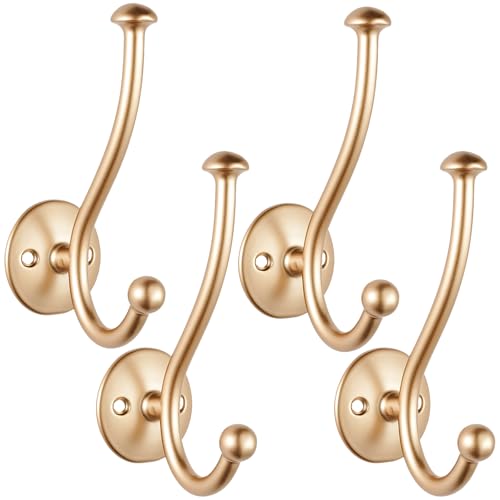 Champagne Bronze Wall Hooks Hardware, 4 Pack Wall Mounted Coat Hooks Robe Towel Hooks, Decorative Hanger Hooks with Screws for Coats, Towels, Robes, Keys, Bags, Hats, Cups (4 Pack-Gold) - color: 4 pack-Gold